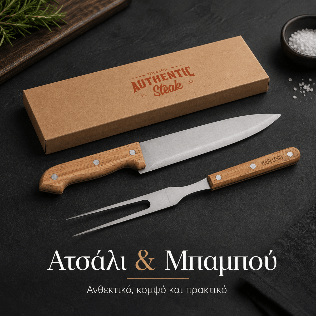 Σετ BBQ με Χάραξη Logo από Ανοξείδωτο Ατσάλι & Μπαμπού – SALSA - E&G