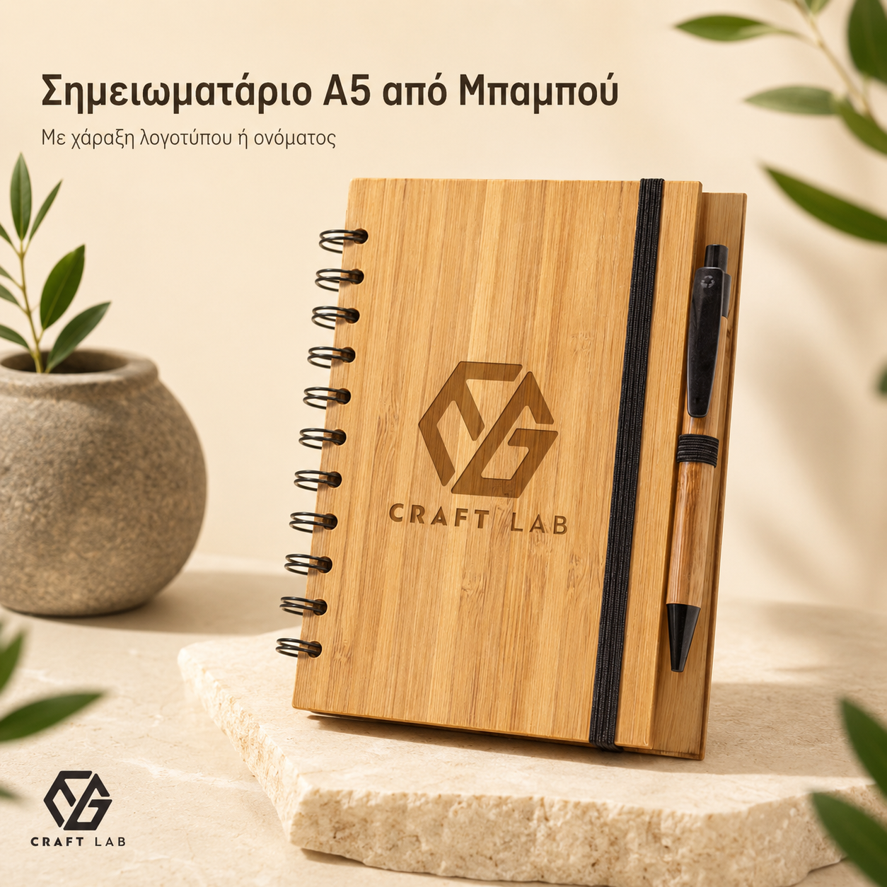 Σημειωματάριο DICKENS A5 από Μπαμπού με Χάραξη Logo