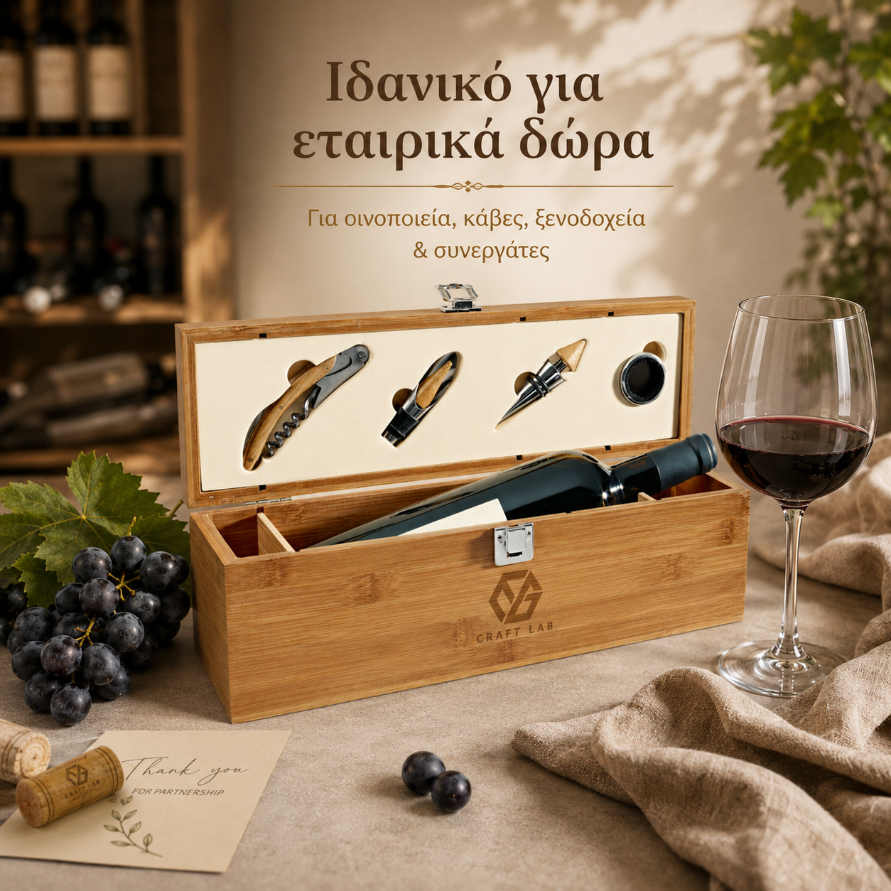 Σετ Κρασιού SYRAH από Μπαμπού με Χάραξη Logo