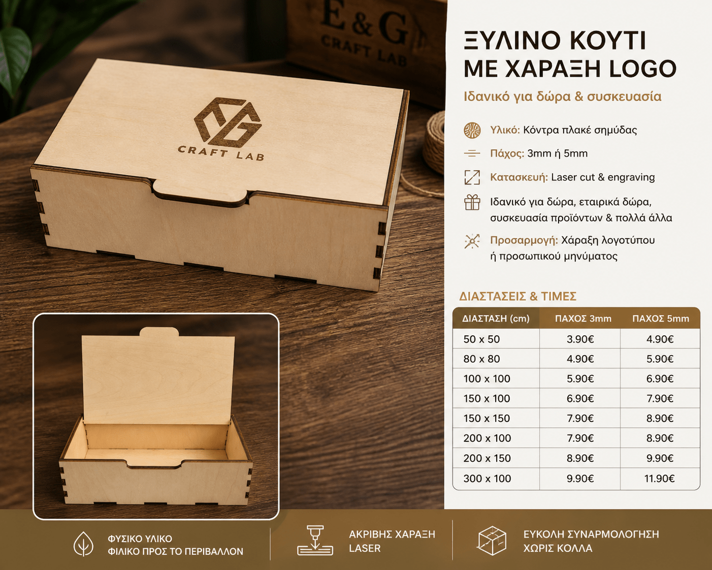 Ξύλινο Κουτί Αποθήκευσης με Καπάκι & Χάραξη Logo - E&G