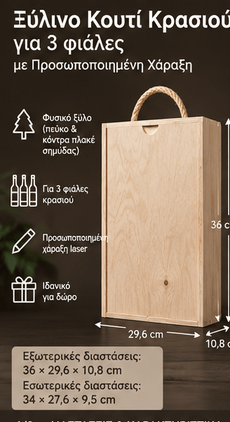 Ξύλινο Κουτί Κρασιού για 3 Μπουκάλια με Προσωποποιημένη Χάραξη - E&G
