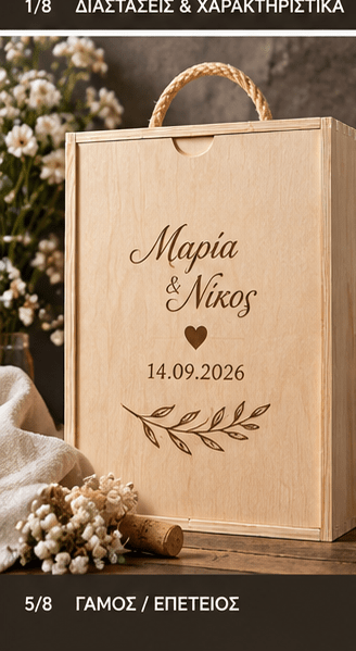 Ξύλινο Κουτί Κρασιού για 3 Μπουκάλια με Προσωποποιημένη Χάραξη - E&G