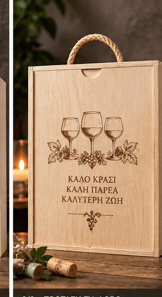 Ξύλινο Κουτί Κρασιού για 3 Μπουκάλια με Προσωποποιημένη Χάραξη - E&G