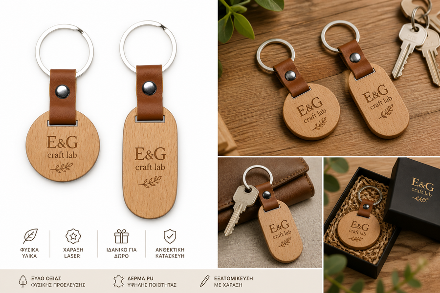 Ξύλινο Μπρελόκ με Δέρμα για Χάραξη - E&G