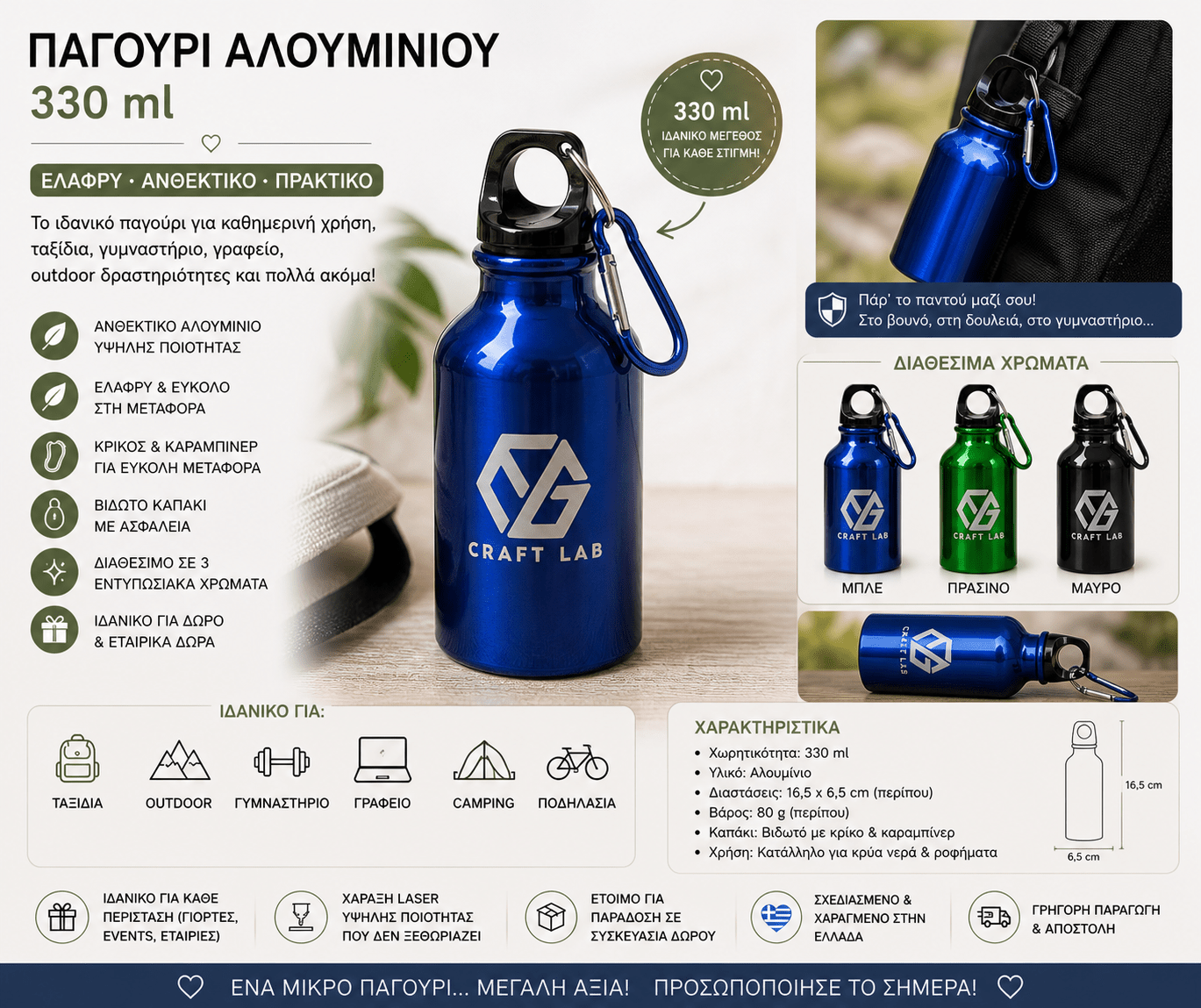 Μεταλλικό Παγούρι με Χάραξη 330ml - E&G