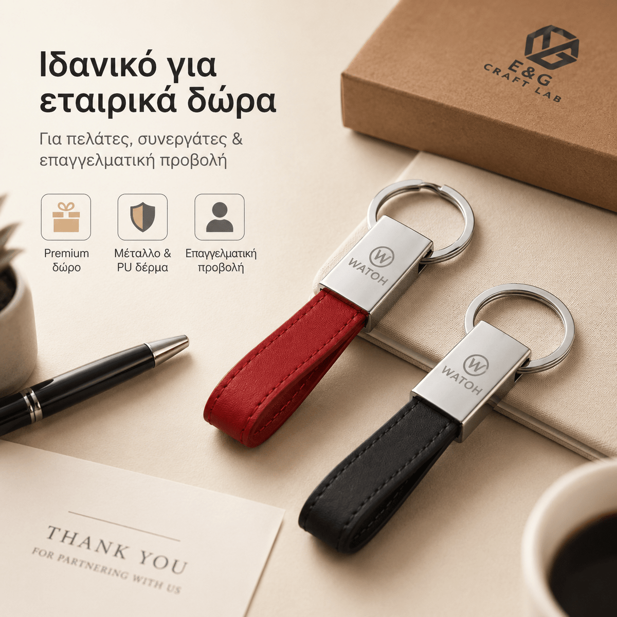Μπρελόκ με Χάραξη Logo από Μέταλλο & PU – WATOH - E&G