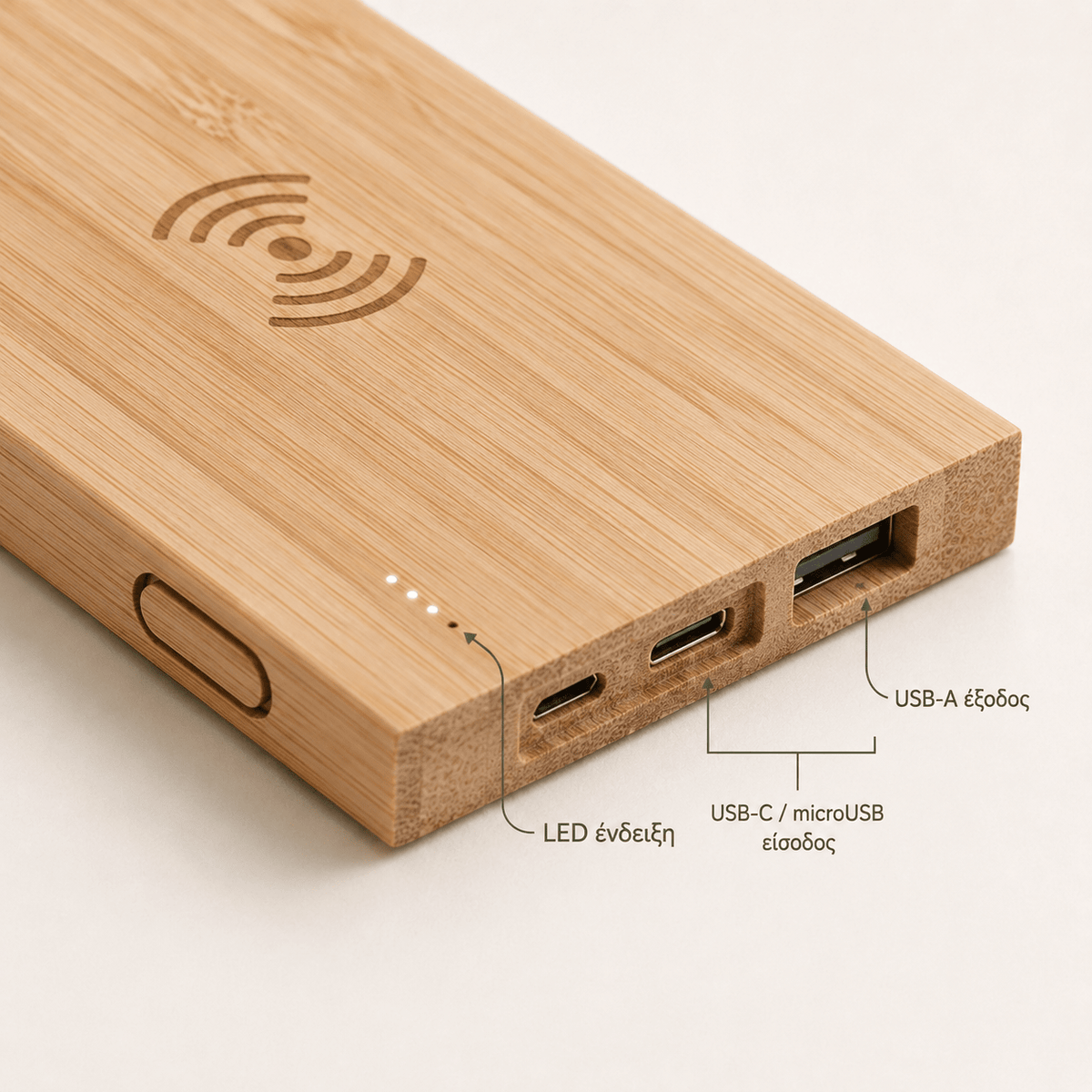 Power Bank Μπαμπού 5000mAh με Ασύρματη Φόρτιση 5W & Χάραξη Logo – FITCH - E&G