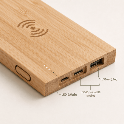 Power Bank Μπαμπού 5000mAh με Ασύρματη Φόρτιση 5W & Χάραξη Logo – FITCH - E&G