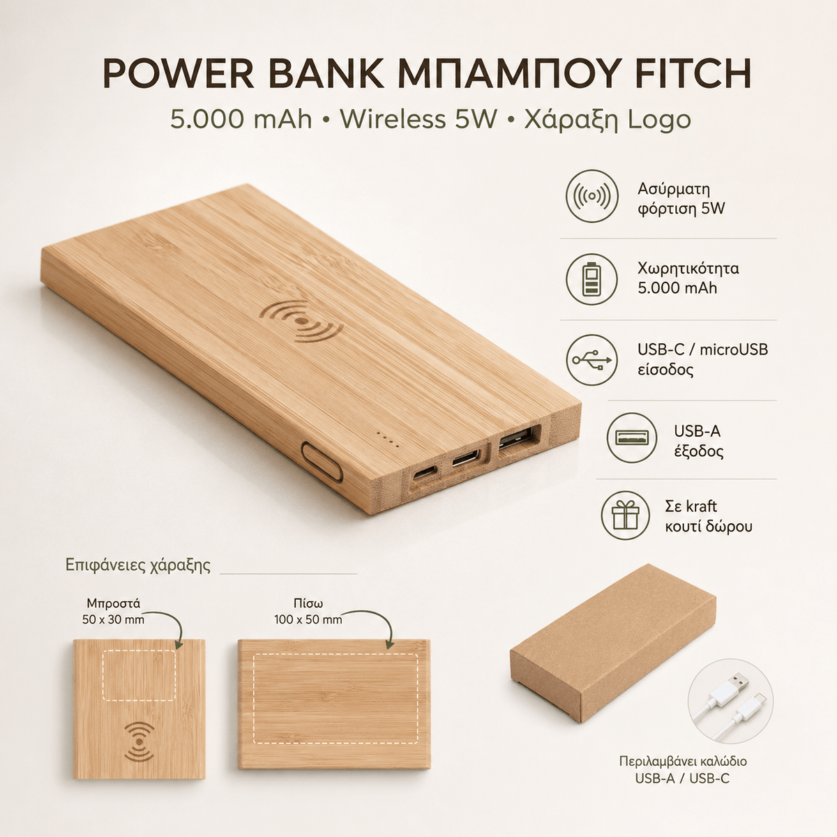Power Bank Μπαμπού 5000mAh με Ασύρματη Φόρτιση 5W & Χάραξη Logo – FITCH - E&G