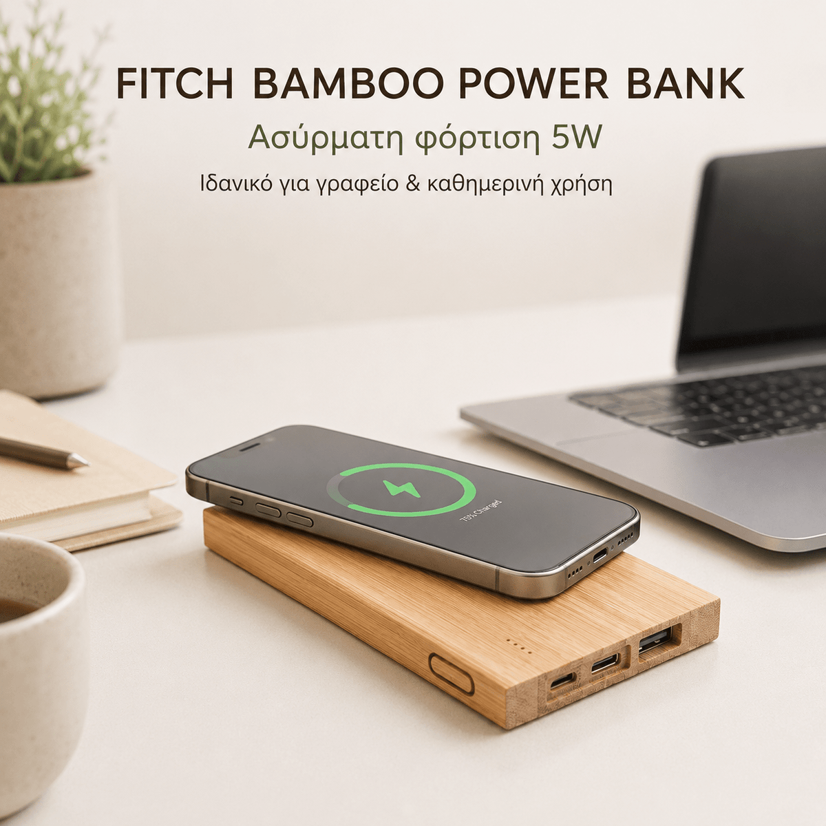Power Bank Μπαμπού 5000mAh με Ασύρματη Φόρτιση 5W & Χάραξη Logo – FITCH - E&G