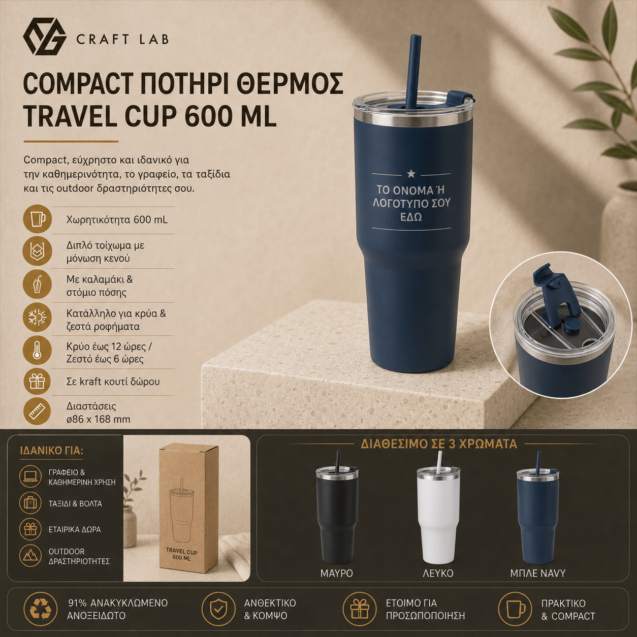 Προσωποποιημένο Compact Travel Cup 600ml από Ανοξείδωτο Ατσάλι - E&G