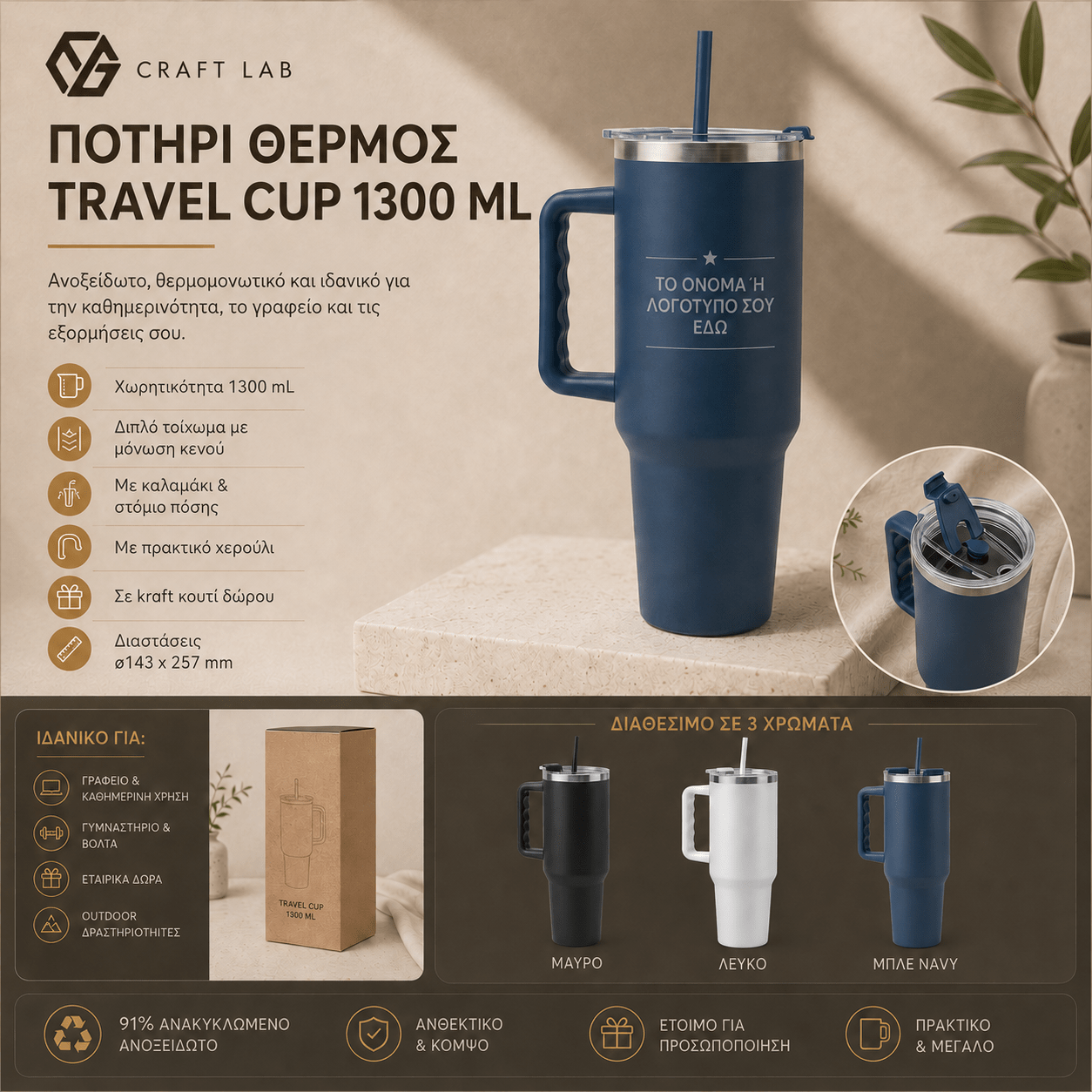 Προσωποποιημένο Ποτήρι Θερμός Travel Cup 1300ml με Χερούλι & Καλαμάκι - E&G