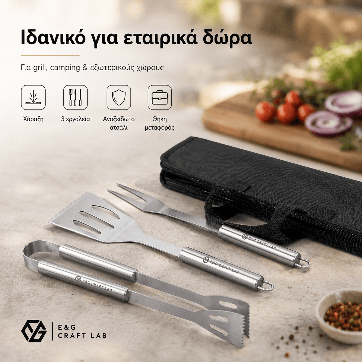 Σετ BBQ SOARES 3 Τεμαχίων από Ανοξείδωτο Ατσάλι με Χάραξη Logo - E&G