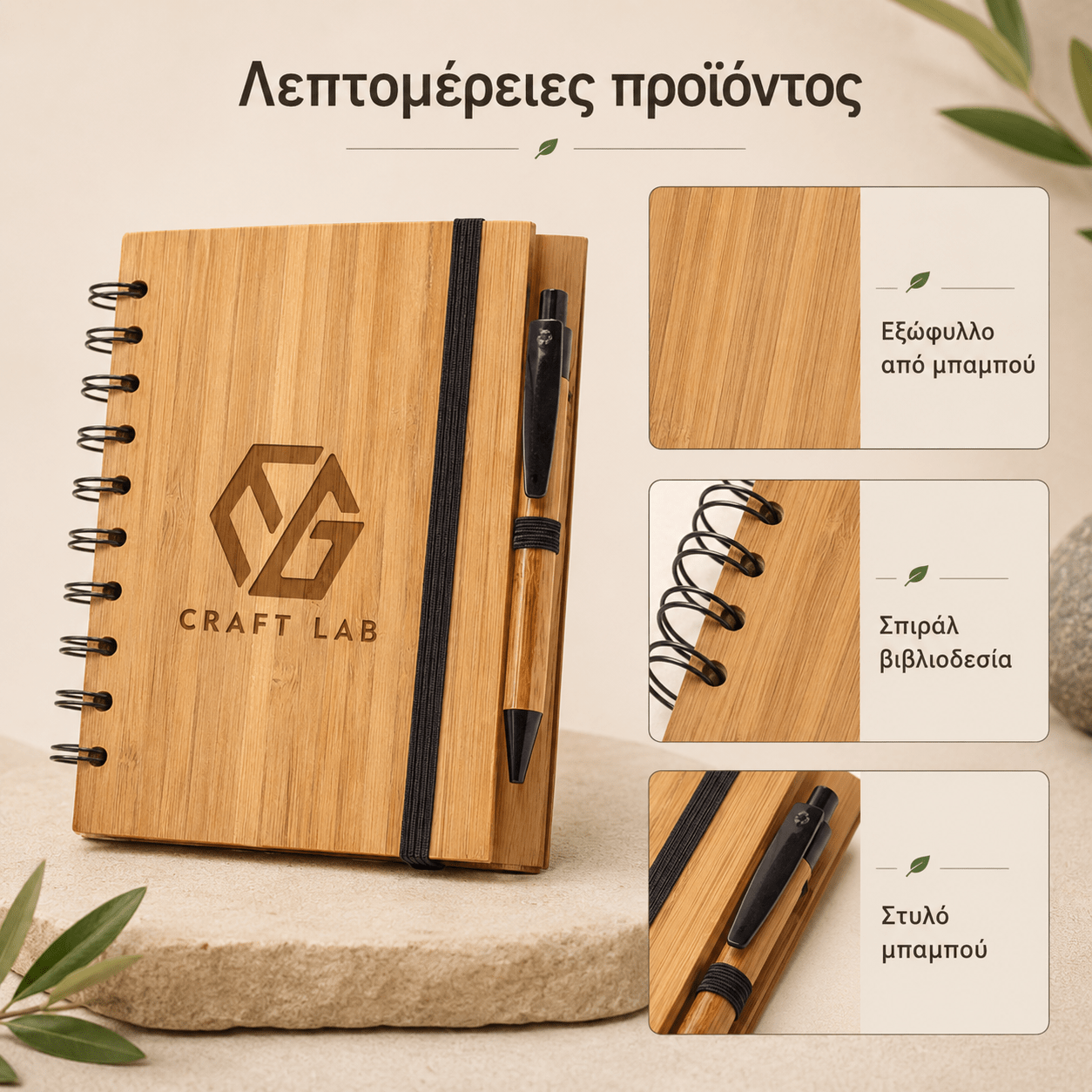 Σημειωματάριο DICKENS A5 από Μπαμπού με Χάραξη Logo - E&G