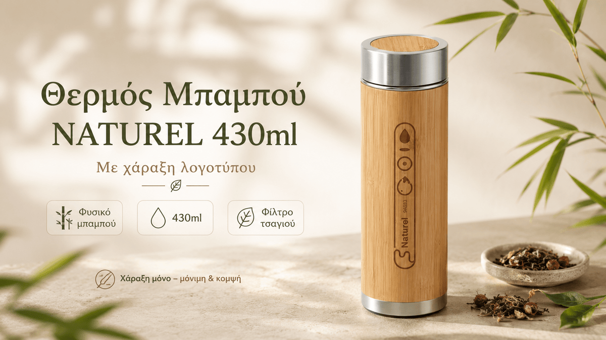 Θερμός Μπαμπού με Χάραξη Logo 430ml – NATUREL - E&G