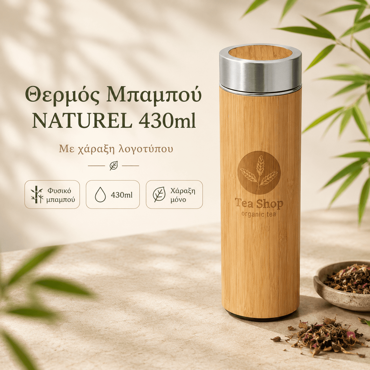 Θερμός Μπαμπού με Χάραξη Logo 430ml – NATUREL - E&G