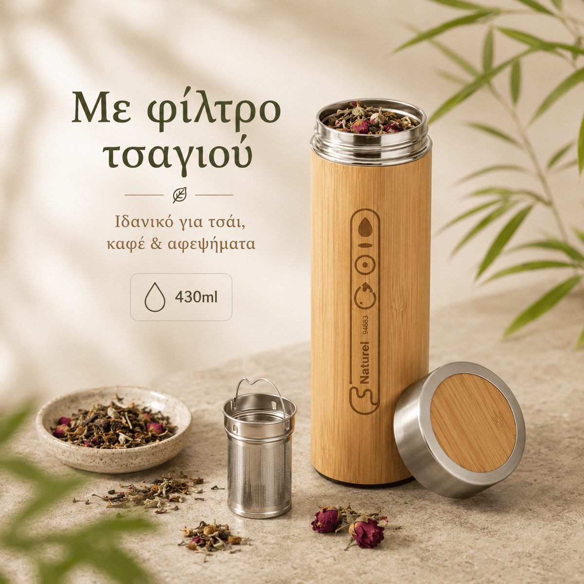 Θερμός Μπαμπού με Χάραξη Logo 430ml – NATUREL - E&G